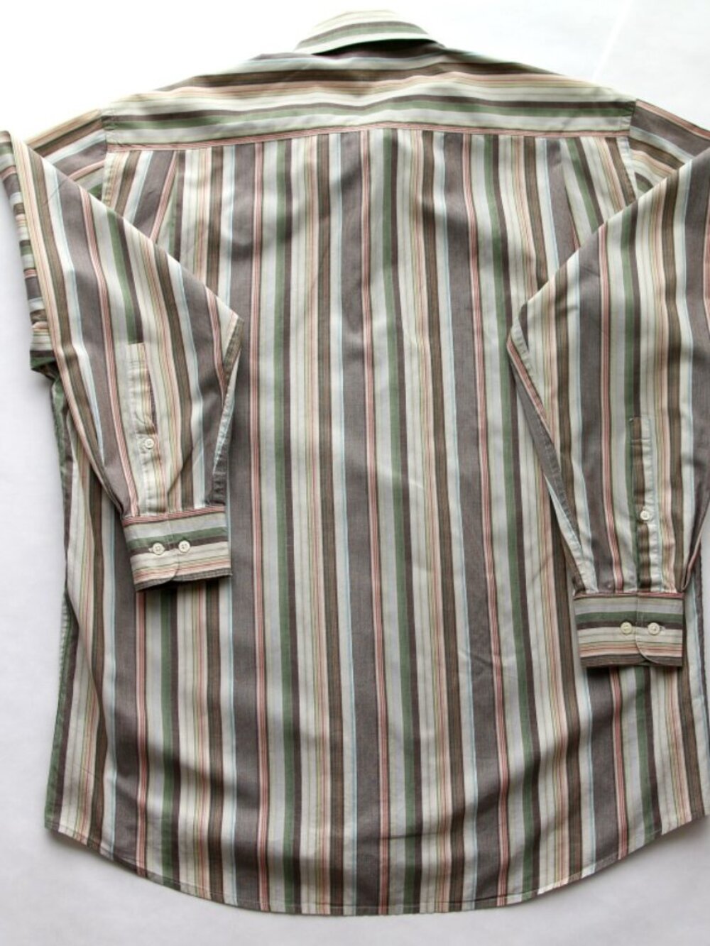 ALAN FLUSSER Tan w/green, brown, yellow & orange stripes 100% Cotton Size M - Picture 2 of 6